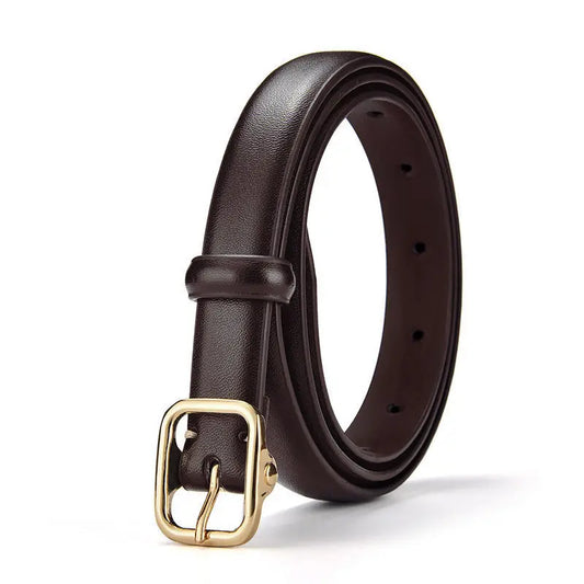 2.3cm Classic Women's Leather Belt with Golden Square Buckle Thin Casual Dress Waistband for Students Ladies Fashion Accessory