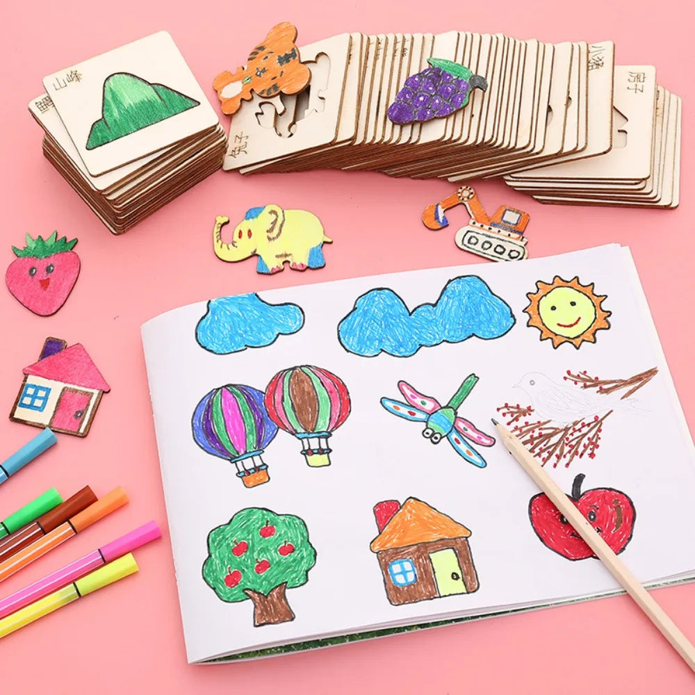 20Pcs Montessori Kids Drawing Toys Wooden DIY Painting Template Stencils Learning Educational Toys for Children Christmas Gifts