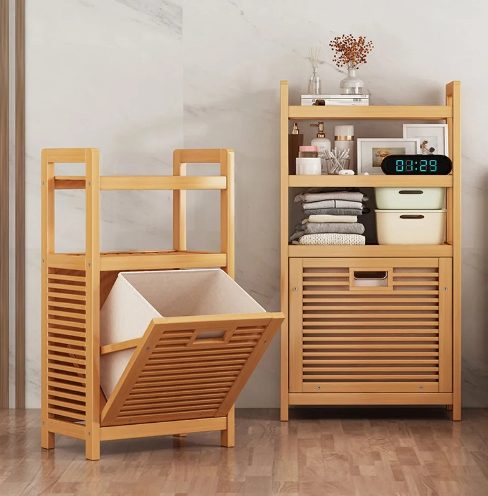 Laundry Hamper Bathroom Rack High-capacity Bamboo Laundry Baskets With Shelf With Tilt Out Basket Wooden Storage Hamper Racks