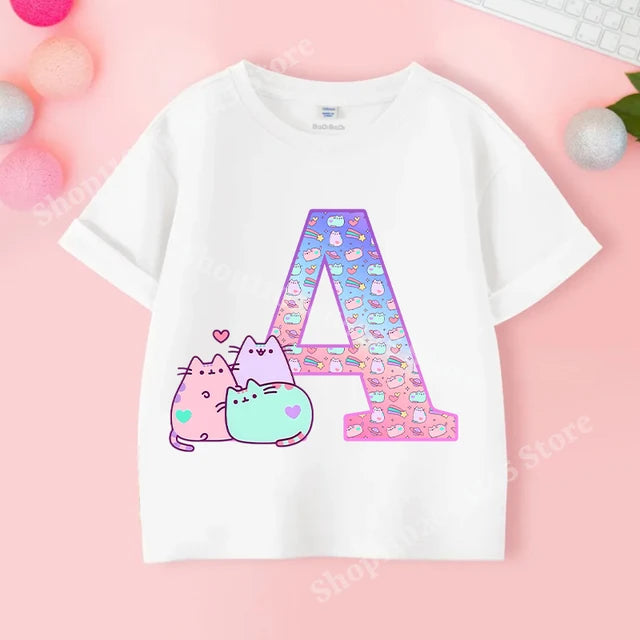 Pusheens Short Sleeve T-shirt for Girls from A to Z, Anime Cat, Summer Clothes, Outdoor Sport, New, Gift for Kids, Special Sale 