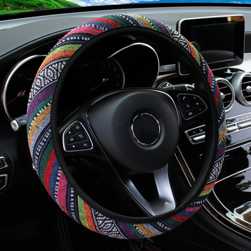 1 linen breathable fabric Bohemian style automotive supplies without inner ring steering wheel cover fits 14.5-15 inches