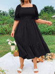 Plus Size Women's Pure Color Wrap Ruffle Hem Midi Dress Square Neck Backless Short Sleeve Dress Elegant temperament