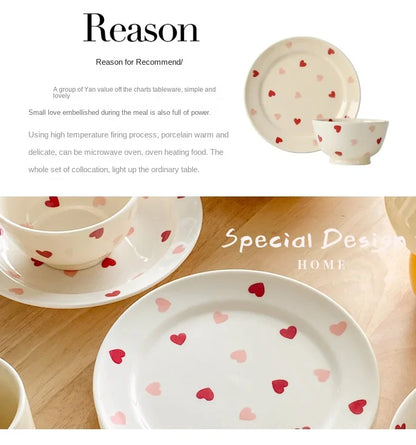 Heart-shaped Ceramic Dinnerware Set, Dinner Plate, Rice Salad Bowl, Coffee Mug, Japanese Love, Warm Gift for Valentine day