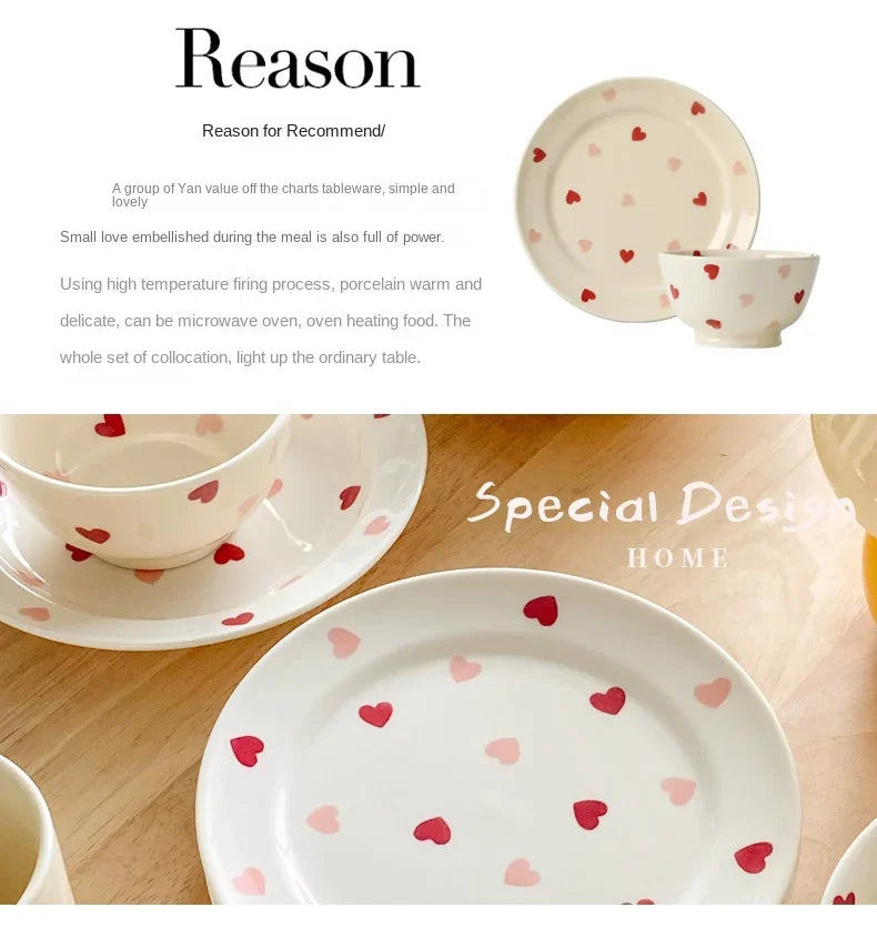 Heart-shaped Ceramic Dinnerware Set, Dinner Plate, Rice Salad Bowl, Coffee Mug, Japanese Love, Warm Gift for Valentine day