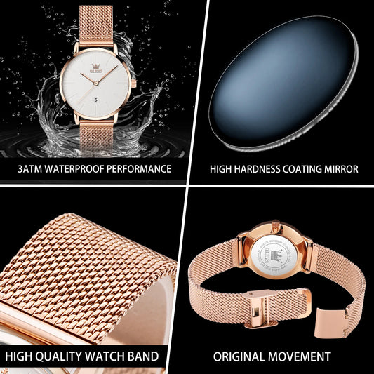 Reloj de moda de lujo OLEVS para mujer, de acero inoxidable, resistente al agua, de cuarzo, original, sencillo y elegante.