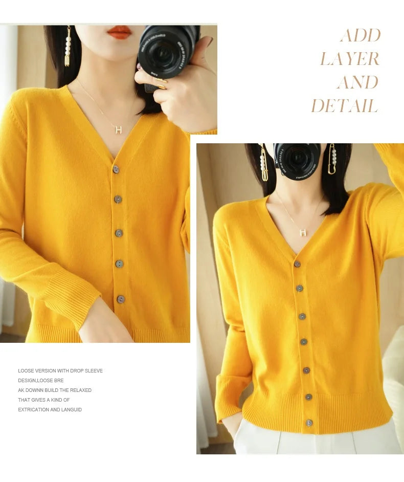 Cárdigan de punto de cachemira Andy de otoño, nuevo, con cuello en V, color liso, moderno, de alta calidad, cómodo, holgado e informal - GH021
