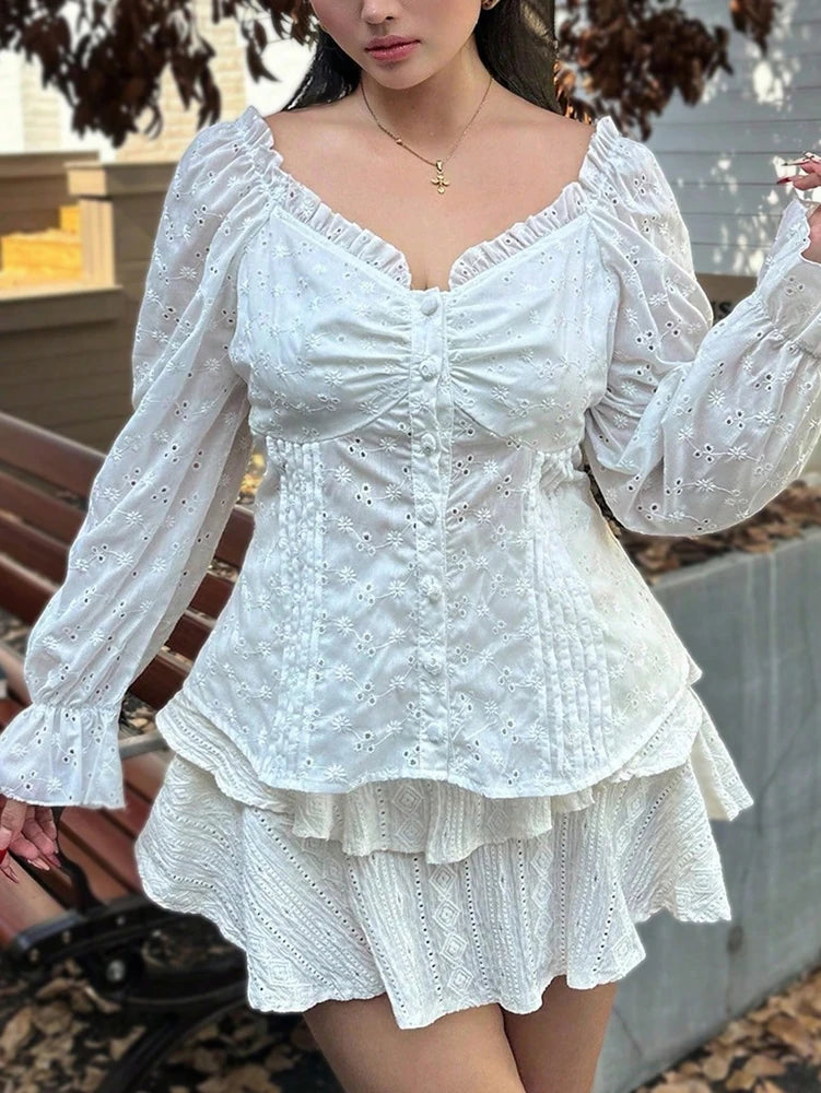 Plus size feminino cor sólida querida pescoço manga longa plissado bordado blusa elegante primavera verão novo