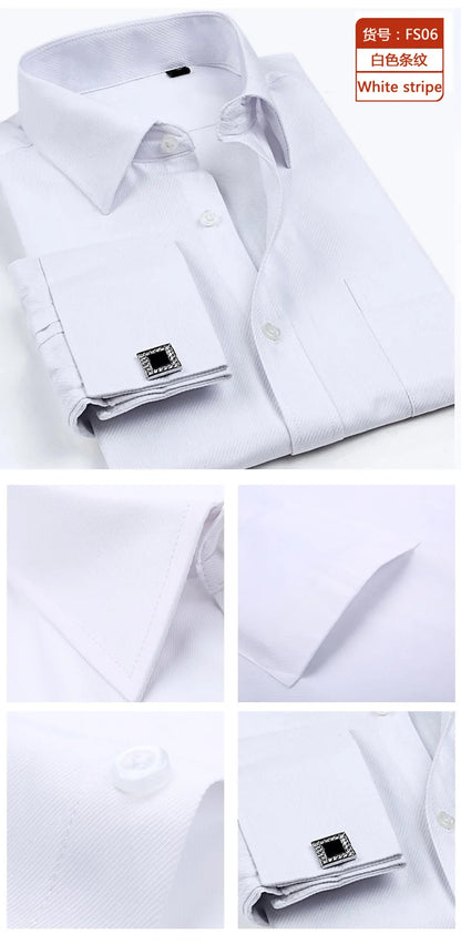 Camisa clásica de vestir para hombre con puños franceses, corte estándar, manga larga, para bodas, fiestas, oficina, trabajo, color blanco