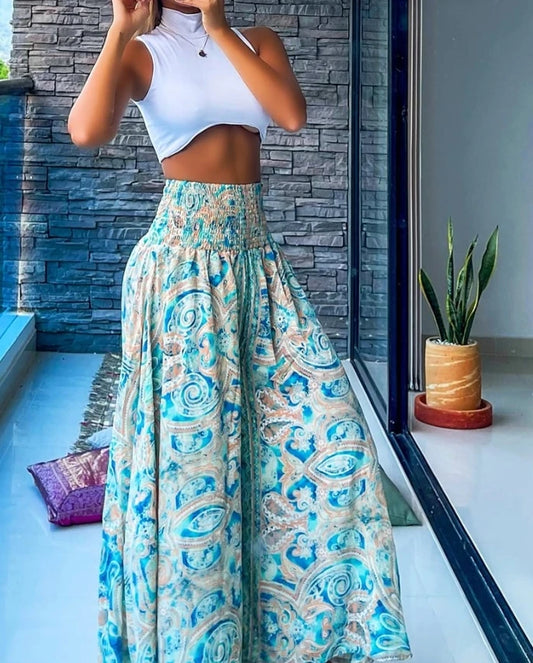 Women's Oversized Trousers 2024 Spring/Summer Latest Casual Boho Vintage Tribal Paisley Print Shirred High Waist Wide Leg Pants