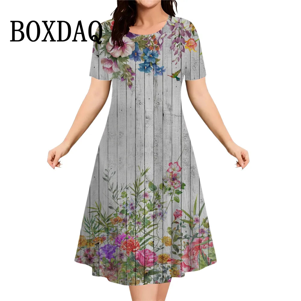 Women's Summer Floral Print Short Sleeve Dress 2026 New Fashion Plus Size Loose Casual Retro Women's Mini Dress 9XL Clothing