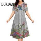 Women's Summer Floral Print Short Sleeve Dress 2026 New Fashion Plus Size Loose Casual Retro Women's Mini Dress 9XL Clothing