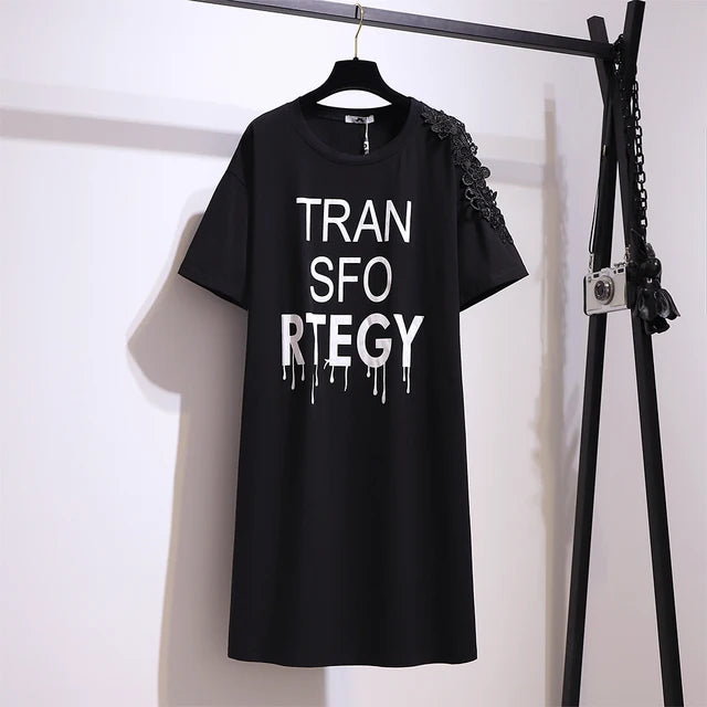 Vestido curto de algodão preto feminino, plus size, impressão de caracteres, camiseta viajante, saia, decalque decoração, verão, desconto