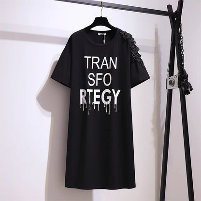 Vestido curto de algodão preto feminino, plus size, impressão de caracteres, camiseta viajante, saia, decalque decoração, verão, desconto