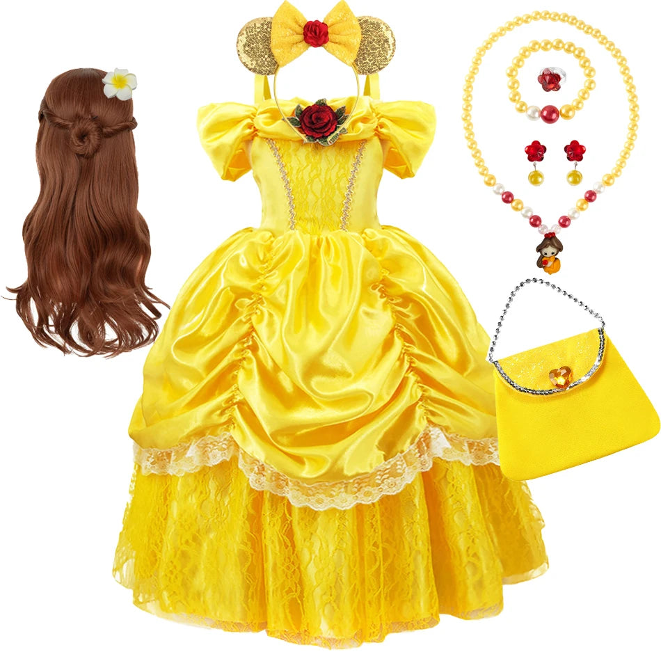 Kids Belle Cosplay Party Princess Dress Beauty Beast Princess Clothes Halloween Event Festival Party Flowers Print Costume