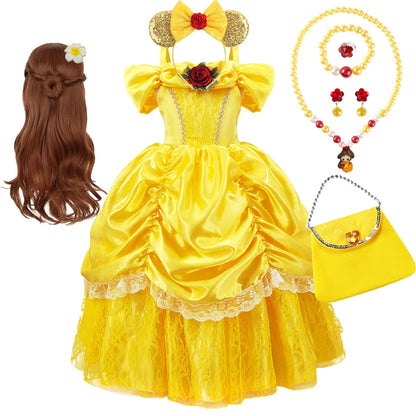 Kids Belle Cosplay Party Princess Dress Beauty Beast Princess Clothes  Halloween Event Festival Party Flowers Print Costume