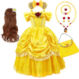 Kids Belle Cosplay Party Princess Dress Beauty Beast Princess Clothes Halloween Event Festival Party Flowers Print Costume