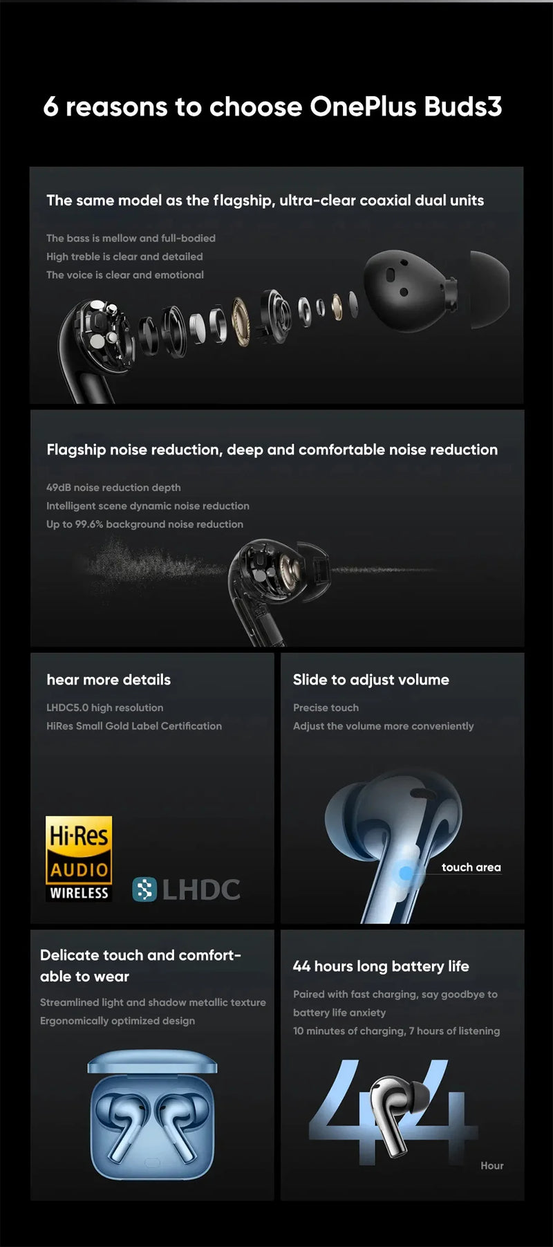 Oneplus Buds 3 wireless Bluetooth headset LHDC 5.0 49dB active noise reduction 44h battery life Oneplus 12 TWS low delay.