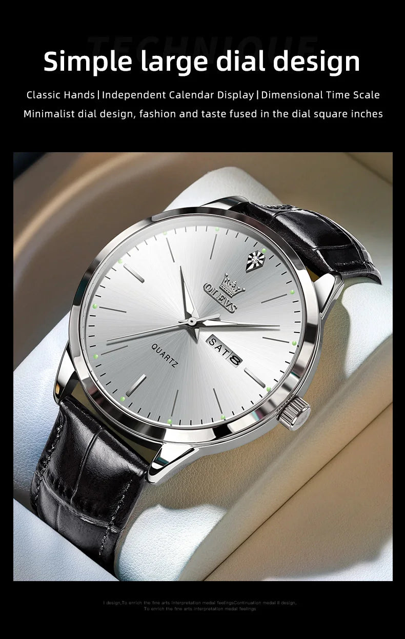 OLEVS 2935 Dual Calendar Quartz Dress Watch For Men Simple Original Leather Men's Watches Waterproof Luminous Business Hand Clock