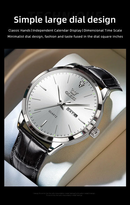 Reloj de vestir de cuarzo OLEVS 2935 con calendario dual para hombre, sencillo y original, de cuero, resistente al agua, luminoso, para negocios.