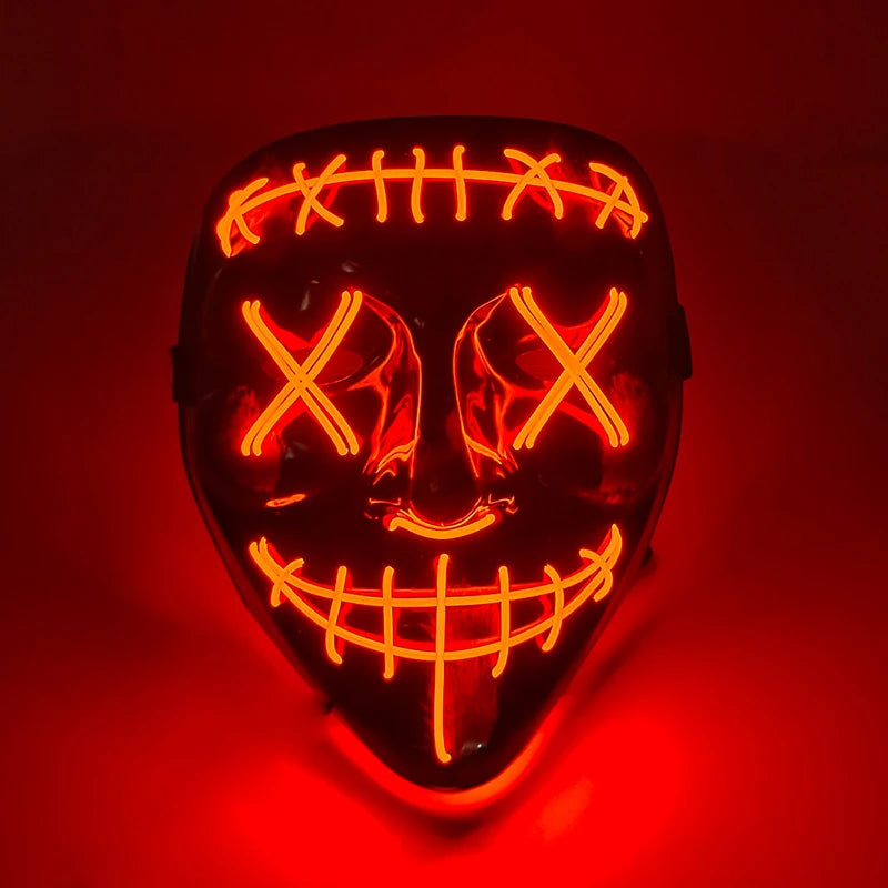 Artigos para Festa de Halloween 2026: Máscara LED Luminosa Estilo "Uma Noite de Crime" (Purge) com Luz Neon EL Sem Fio – Máscara de Rosto Inteiro para Cosplay Adulto (Brilha no Escuro)