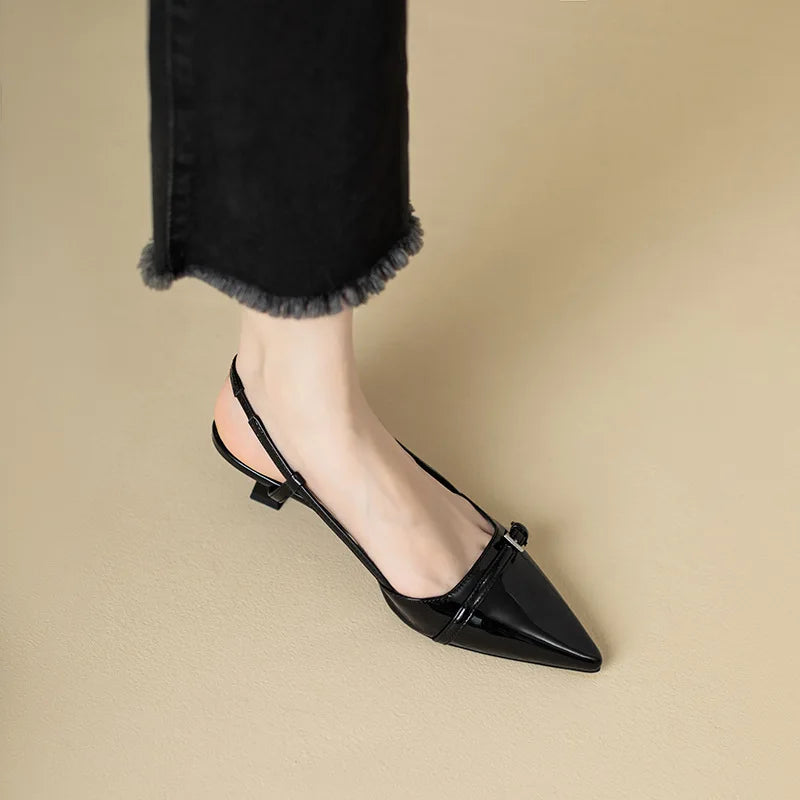 2024 New Summer French Wine Red Pointed Patent Leather Mid-Heel Overhead Sandals for Women Retro Skinny Heel Open-Back Shoes