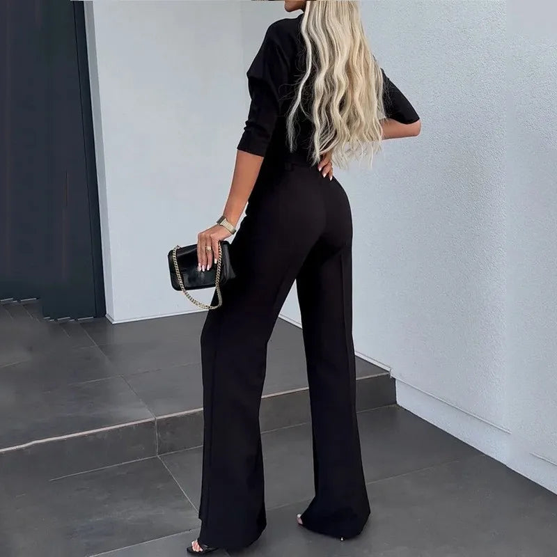 Elegante conjunto de dos piezas de color liso para mujer, traje de oficina, top corto informal y pantalones de cintura alta, otoño 2024