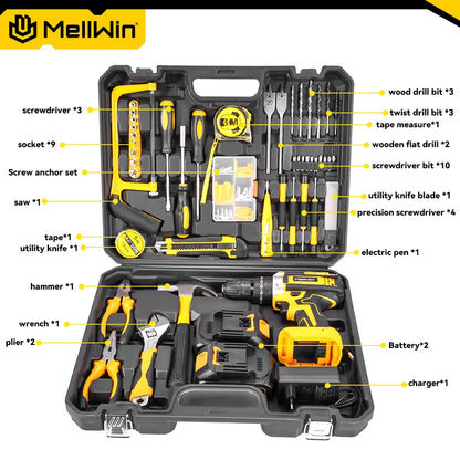 MELLWIN 25+3 Torque Electric Impact Drill 2 Gear Speed Adjustable Cordless Electric Screwdriver Power Tool For 21V-18V Battery