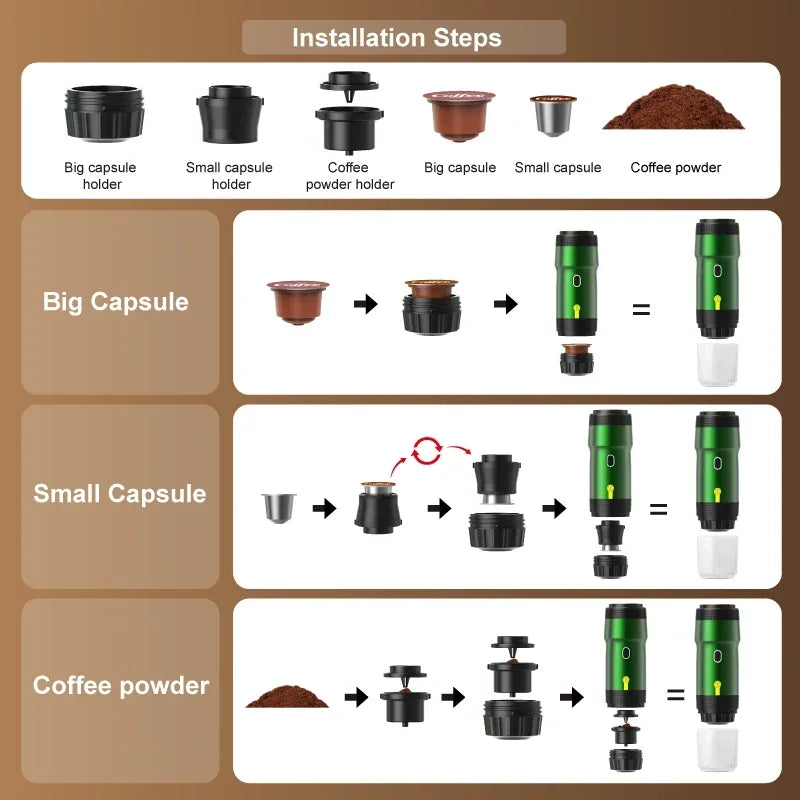Electric Portable Coffee Machine Portable Italian Espresso Machine for Car & Home 3-in-1 Capsule Powder Travel Coffee Maker