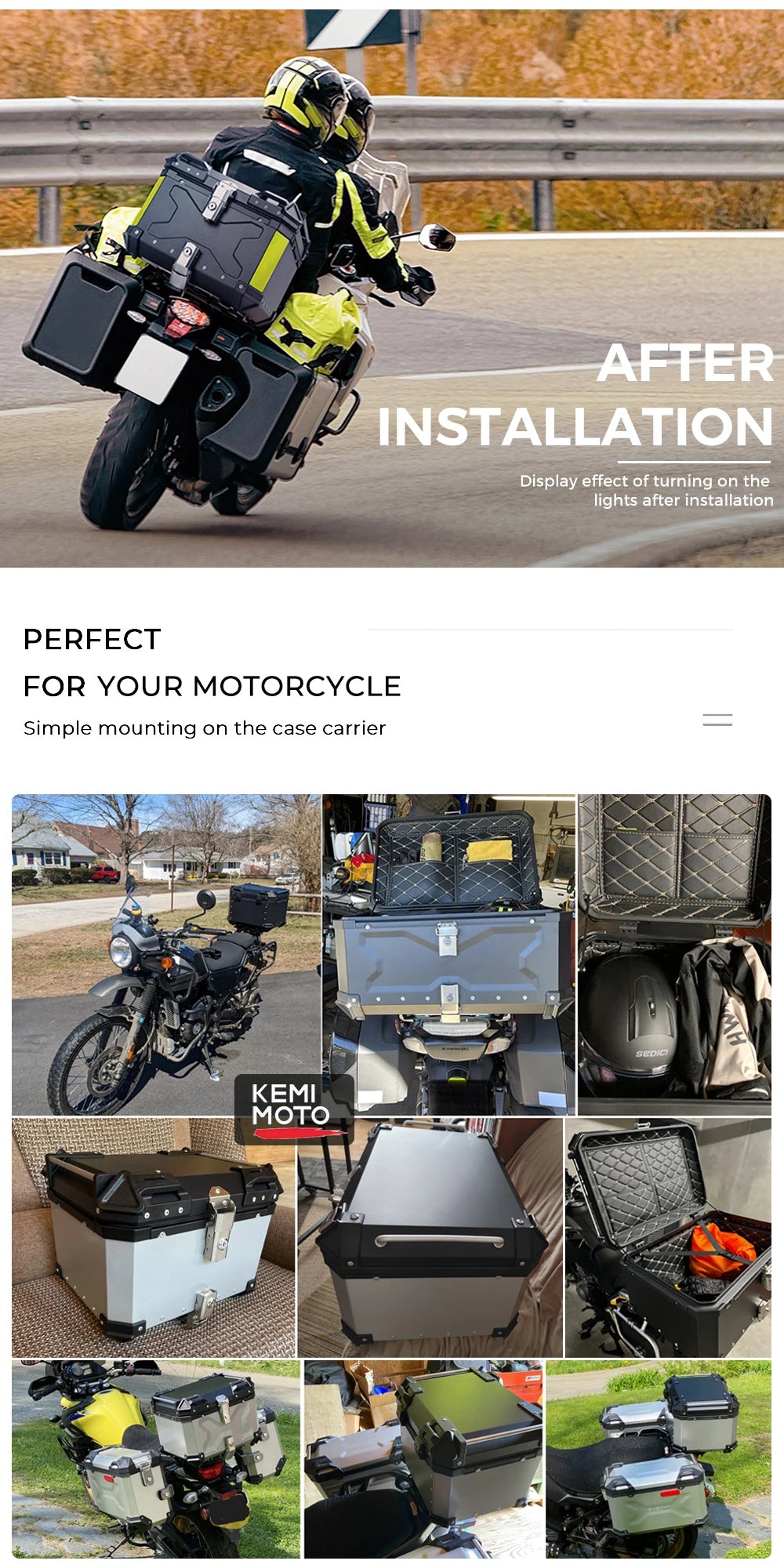 KEMIMOTO 45L/55L/65L Motorcycle Aluminum Case Tail Box Trunk with backrest Universal Top Tail Rear Luggage Tool Storage Box