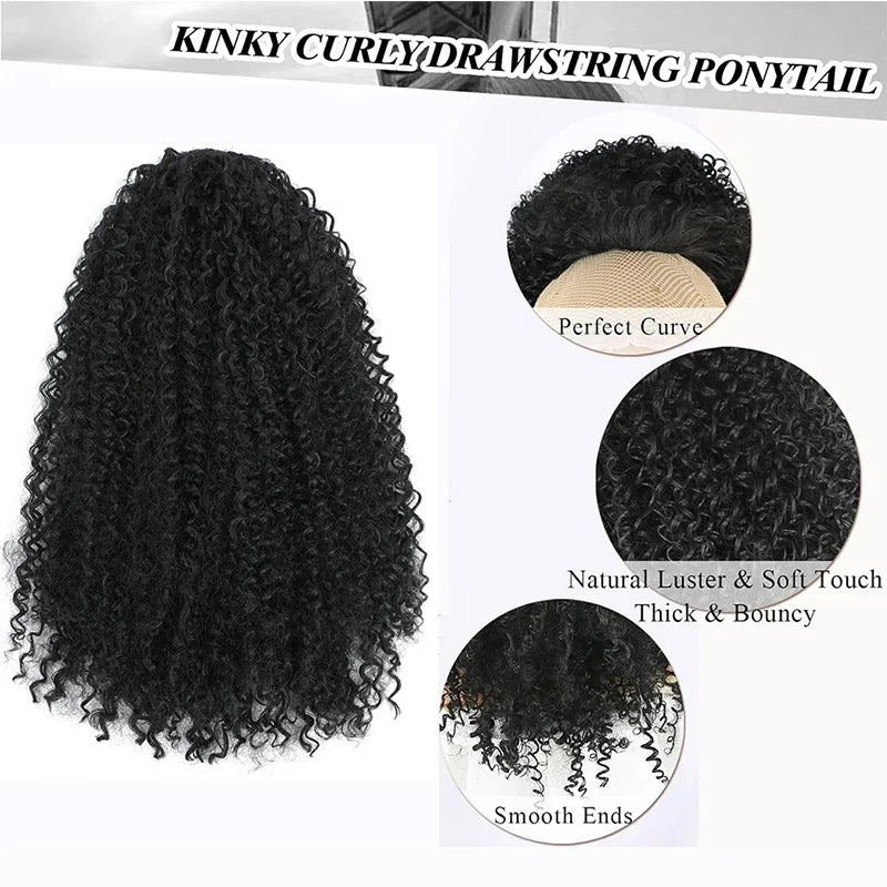 Extensão de rabo de cavalo com cordão sintético, encaracolado profundo, resistente ao calor, clipe instantâneo, afro, peças de cabelo encaracolado para mulheres