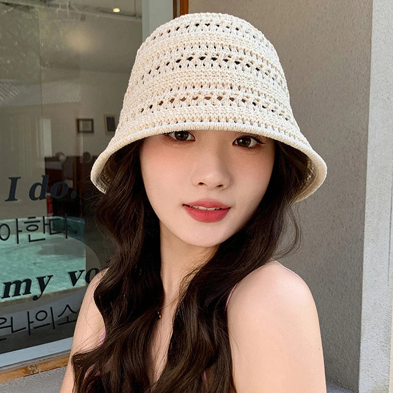 Summer Bucket Hat Fisherman Hat Women Hollow Out Sun Hat Outdoor Casual Versatile Panama Hats Crochet Foldable Caps Beach Cap