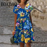 Plant Flowers Pattern Dresses Summer Women Clothing Fashion Plus Size Short Sleeve 3D Print Dress Casual Retro V-Neck Dress 6XL