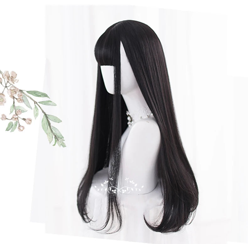 AS Long Straight Black Synthetic Wig For Women With Bangs Black Cosplay Lolita Wigs Heat Resistant Natural Hair