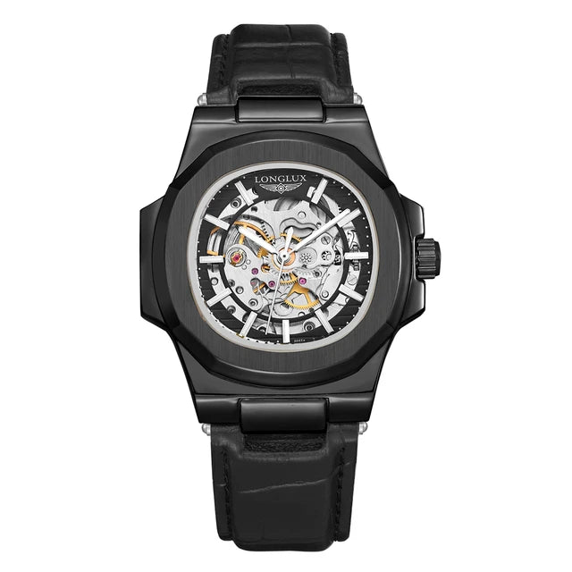 Reloj automático LONGLUX estilo deportivo, venta al por mayor, relojes de pulsera mecánicos de moda, reloj hueco de cuero para hombre, regalo 