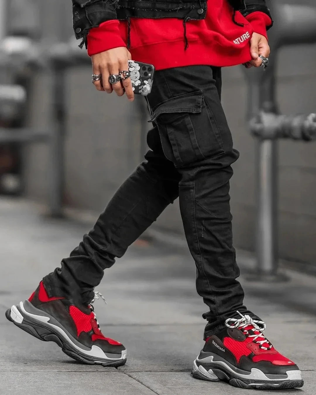 Street men's denim work pants washed solid color multi pocket casual mid waist pants slim fit daily wear jogging pants