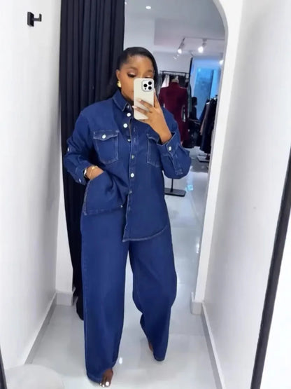 Jeans 2 Piece Sets Women Denim Shirt Coat Straight Pants Suit Streetwear Spring 2026 Washed Top Overshirt Trousers Outfits