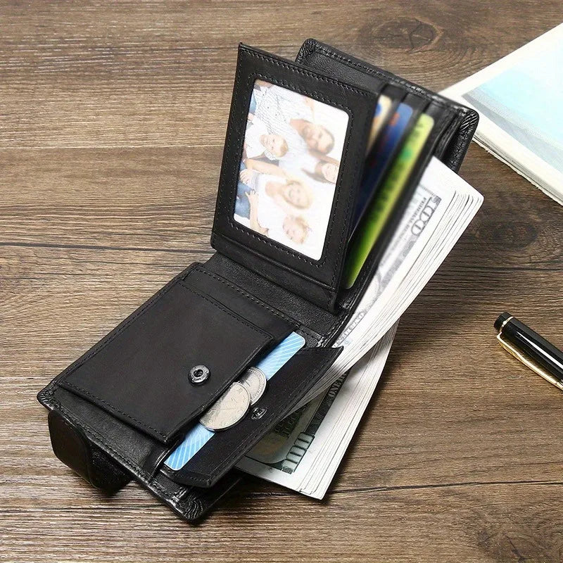 Men's Genuine Leather Wallet, Anti-Theft RFID Brush, Anti-Magnetic, Short Coin Purse, Large Capacity, Multi-Slot Buckle Wallet
