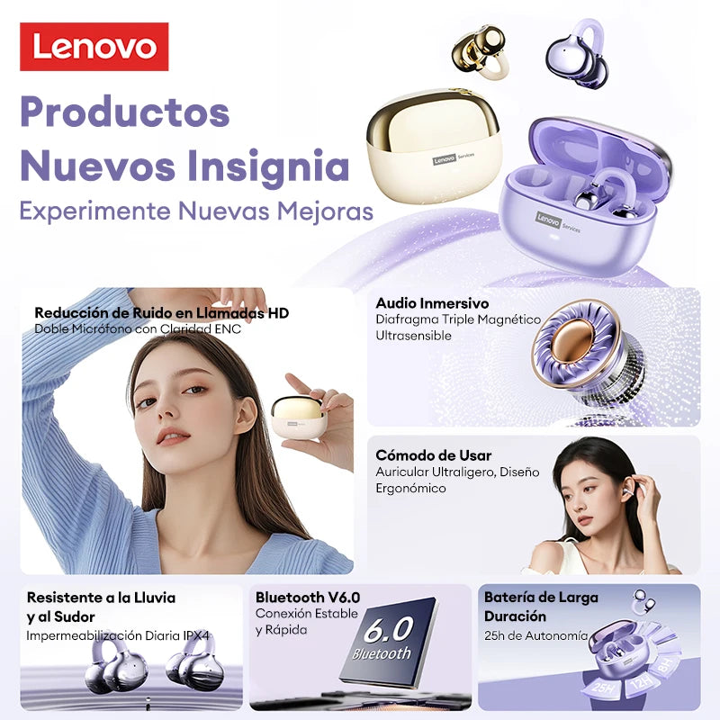 Lenovo LE302 Wireless Bluetooth 6.0 Headset Long Battery Life Sports Ear Clip Earphones HIFI Stereo Noise Cancelling Headphones