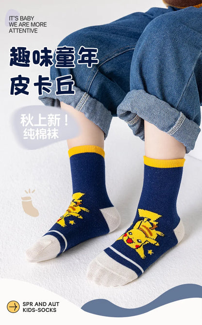 5 Pairs Pikachu Kids Socks Kawaii New Fall Winter Cartoon Boy Children Mid-calf Socks Cotton Sock for Boys Gifts