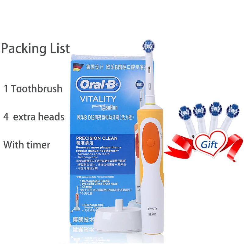 Cepillo de dientes eléctrico Oral B para adultos, recargable, con rotación, blanqueamiento 3D y cabezales de regalo.