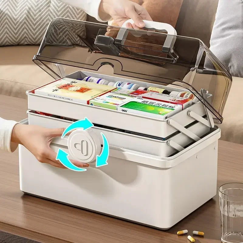 Pastillero de gran capacidad, color blanco marfil, 1 unidad, para almacenamiento de medicamentos domésticos, clasificación multicapa