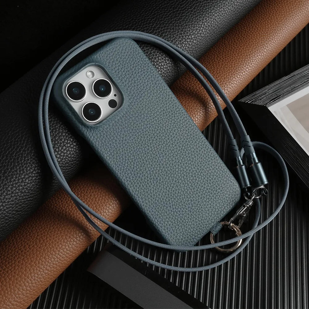 Funda de piel auténtica personalizable con cordón de carga para iPhone 16 Pro Max, 15, 14, 13, 12 y 11, con funda magnética.