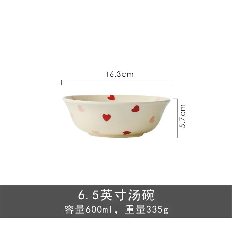 Heart-shaped Ceramic Dinnerware Set, Dinner Plate, Rice Salad Bowl, Coffee Mug, Japanese Love, Warm Gift for Valentine day