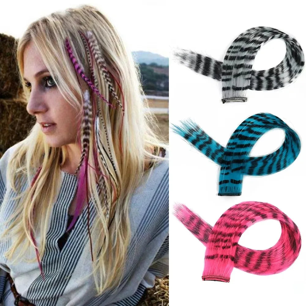 Stripe Printed Clip-in Hair Extensions Colorful Synthetic Hair Highlights 18 Inches Straight Wig Hairpieces for Daily Use Party