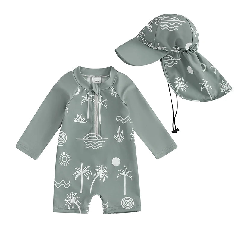 Traje de baño Tregren para niños pequeños, de manga larga, con estampado de tortuga y dinosaurio, con gorro de baño y ropa de playa.