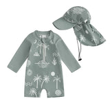 Tregren Toddler Boys Rash Guard Swimsuit Long Sleeve Turtle/Dinosaur Print Infant Bathing Suit Swimwear with Swim Caps Beachwear