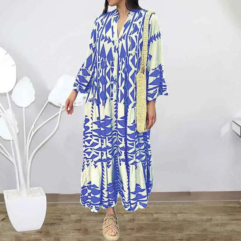 Women Print Long Sleeve Dress V-neck Long Sleeve High Waist Single Breasted Long Skirt New Holiday Loose Casual Women's Clothes