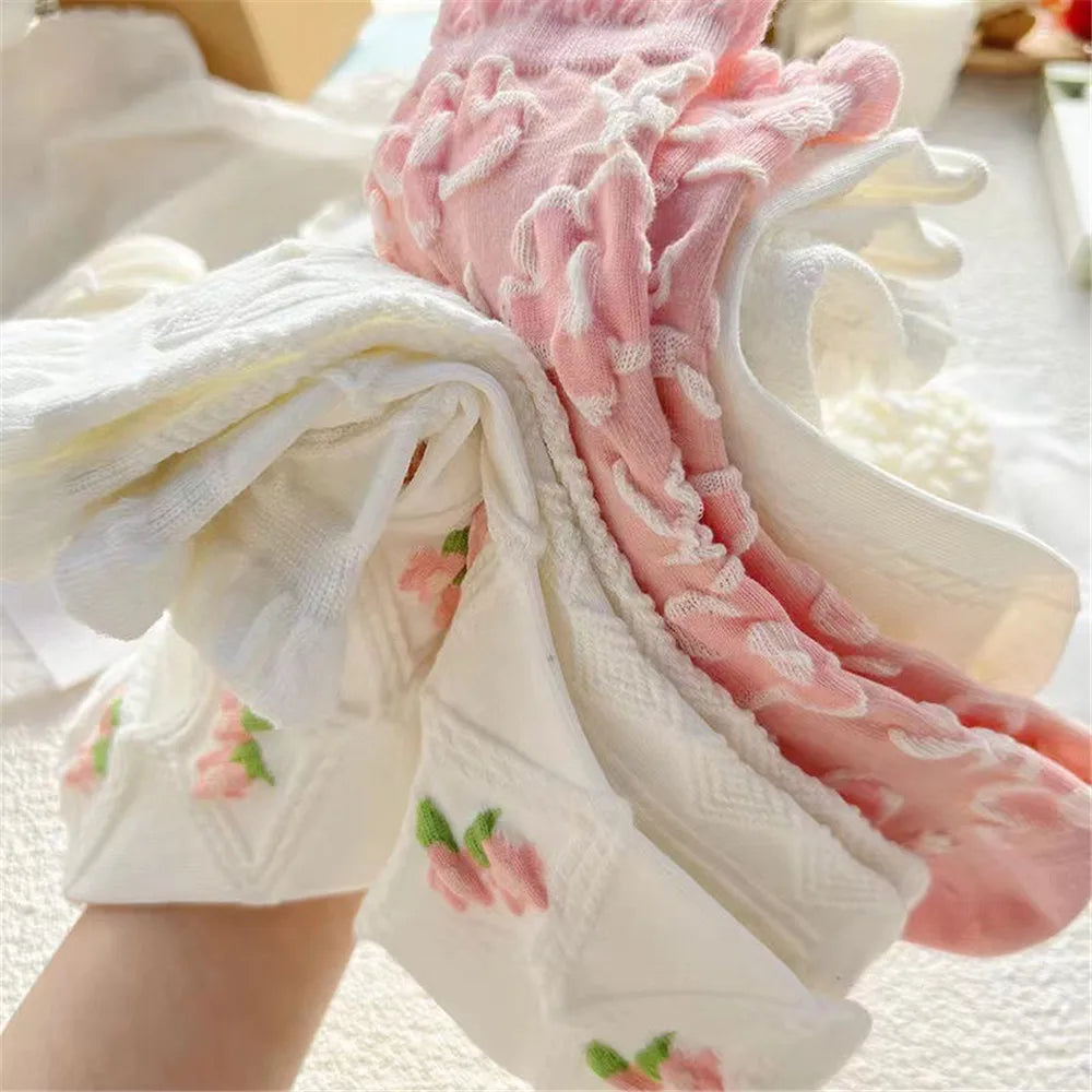 5 Pairs Women White Pink Floral Pattern Socks Cute Sweet Versatile Fashionable Socks Comfortable Breathable Mid Length Socks ﻿