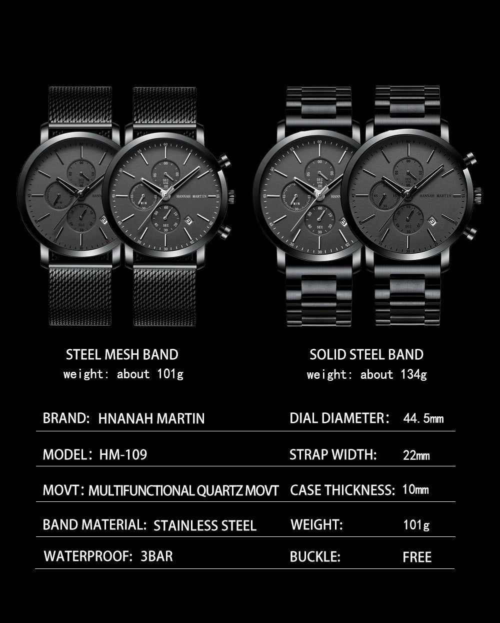HANNAH MARTIN Brand Men Watch Black Stainless Steel Waterproof Fashion Sports Multifunctional Quartz Wristatch Relogio Masculino