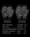 HANNAH MARTIN Brand Men Watch Black Stainless Steel Waterproof Fashion Sports Multifunctional Quartz Wristatch Relogio Masculino